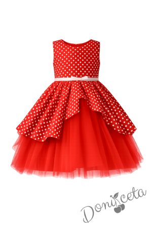 Официален комплект от 4 части- рокля Надежда в червено на бели точки и тюл в червено , болеро в бяло, диадема в червено на бели точки и чорапи с червени панделки на бели точки 