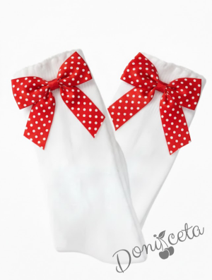 Официален комплект от 4 части- рокля Надежда в червено на бели точки и тюл в червено , болеро в бяло, диадема в червено на бели точки и чорапи с червени панделки на бели точки 