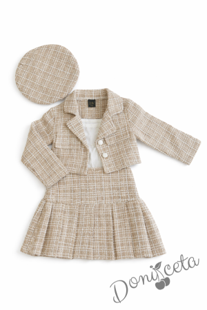 Интересен детски комплект от 4 части- сако,  пола и барета в бежово със сребриста нишка и потник в бяло