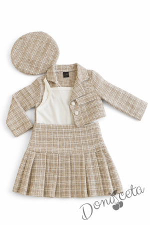 Интересен детски комплект от 4 части- сако,  пола и барета в бежово със сребриста нишка и потник в бяло