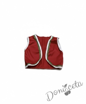 Дамска или детска народна носия- сукман в горната част в бяло а долна в зелено с престилка и елек в червено с фолклорни/етно мотиви 