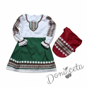 Дамска или детска народна носия- сукман в горната част в бяло а долна в зелено с престилка и елек в червено с фолклорни/етно мотиви 