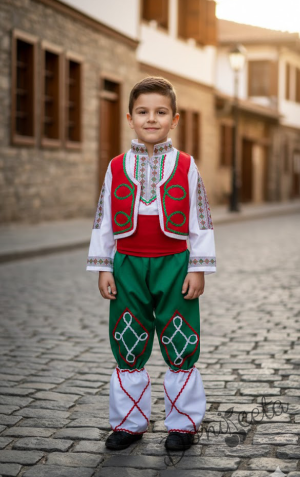Мъжка или детска народна народна носия трибагреник за момче с фолклорни/етно мотиви, с потури в зелено
