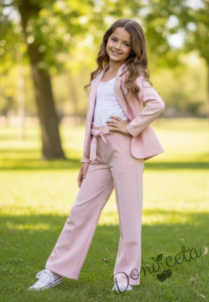 Комплект за момиче от 2 части- сако Ким и разкроен панталон с висока талия и копчета в розово