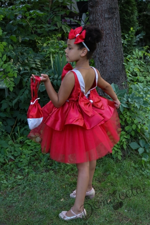 Официална детска рокля с панделка от сатен, и тюл в долната част на роклята с гол гръб и малка чантичка в червено 309Ч