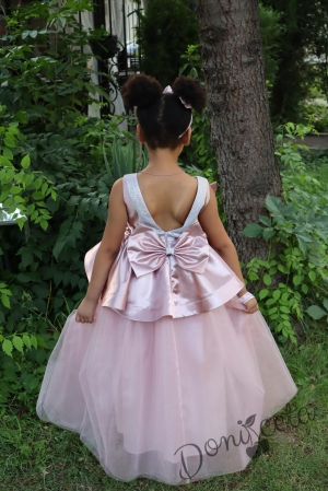 Официална детска дълга рокля в пепел от рози с ефектни панделки с гол гръб и малка чантичка 309ГФД