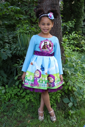 Официална детска рокля с дълъг ръкав в светлосиньо с Маша 297МШМДР