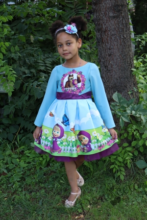 Официална детска рокля с дълъг ръкав в светлосиньо с Маша 297МШМДР