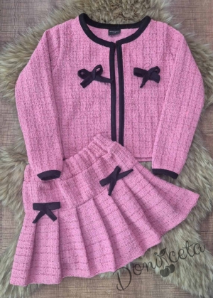 Комплект за момиче от 2 части - Сако в розово с панделки и плисирана пола 