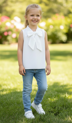Официална детска риза в бяло с къс ръкав и панделка 