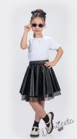 Детска кожена пола в тъмносиньо с тюл 