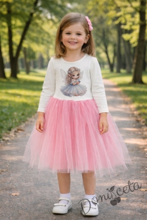 Детска ежедневна рокля с дълъг ръкав в екрю и розово красива илюстрация на малка фея