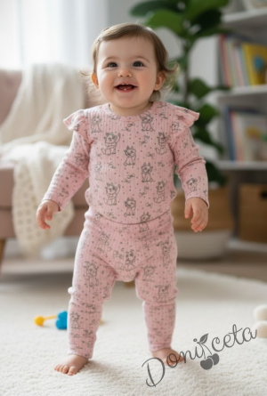 Бебешки комплект рипс за момиче  от две части боди с дълъг ръкав и къдрички  с панталон в розово