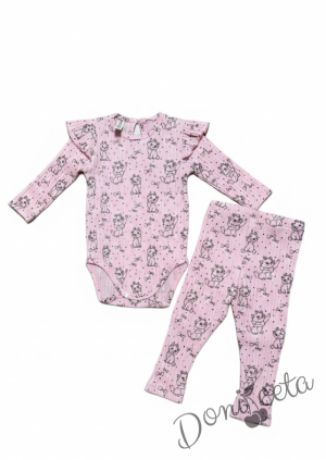 Бебешки комплект рипс за момиче  от две части боди с дълъг ръкав и къдрички  с панталон в розово