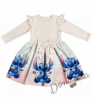 Детска рокля Стич  с дълъг ръкав в цвят розов с къдрички и  панделка 