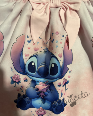 Детска рокля Стич  с дълъг ръкав в цвят розов с къдрички и  панделка 