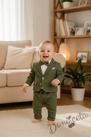 Бебешки комплект за момче от 4 части - боди-риза в бяло с панталон, сако и папийонка в зелено