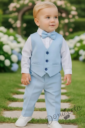 Бебешки официален комплект от 4 части- боди-риза в бяло, панталон, елек и папийонка в светлосиньо