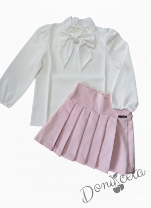 Комплект за момиче от 2 части - розова пола от трико Тамара и риза с дълъг ръкав и панделка