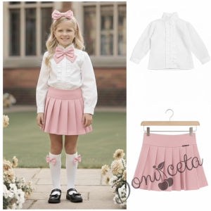 Комплект за момиче от 2 части - розова пола от трико Тамара и риза с дълъг ръкав и къдрички