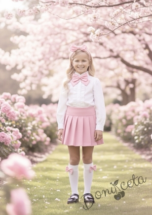 Комплект за момиче от 2 части - розова пола от трико Тамара и риза с дълъг ръкав и къдрички