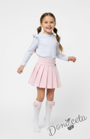 Комплект за момиче от 2 части - пола Тамара от трико в розово и блуза с дълъг ръкав с къдрички в бяло