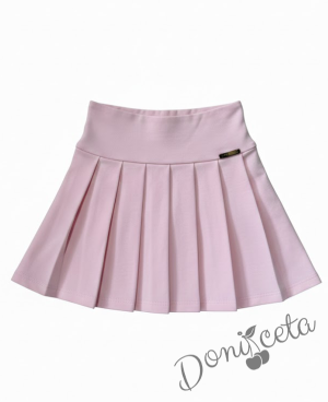 Комплект за момиче от 2 части - пола Тамара от трико в розово и блуза с дълъг ръкав с къдрички в бяло