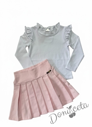 Комплект за момиче от 2 части - пола Тамара от трико в розово и блуза с дълъг ръкав с къдрички в бяло