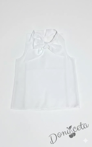 Комплект за момиче от 2 части - пола Тамара от трико в розово и риза с къс ръкав в бяло с панделка