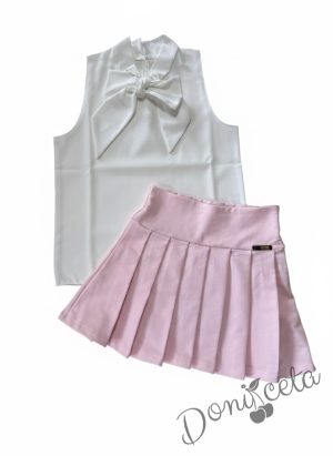 Комплект за момиче от 2 части - пола Тамара от трико в розово и риза с къс ръкав в бяло с панделка