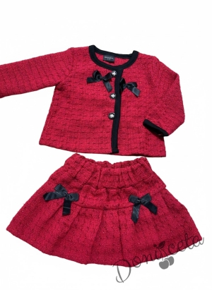 Комплект за момиче от 2 части - Сако в червено с панделки и плисирана пола 