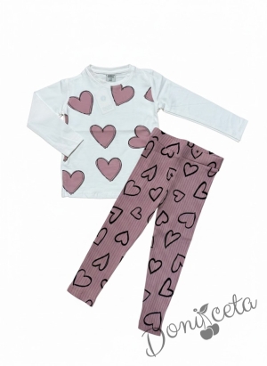 Комплект за момиче от 2 части- блуза в бяло със сърца и рипсен панталон в пепел от рози