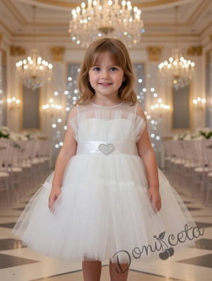  Официална детска рокля с къс ръкав,тюл и сатенен колан с катарама сърце украсен с камъни