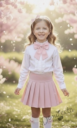 Комплект за момиче от 3 части-пола Тамара от трико в розово, риза с дълъг ръкав и къдрички в бяло и розова панделка 