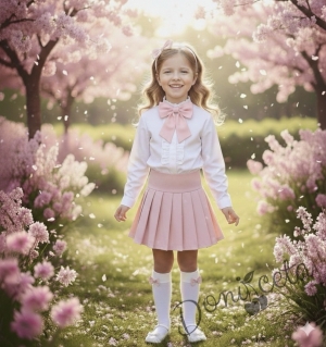 Комплект за момиче от 3 части-пола Тамара от трико в розово, риза с дълъг ръкав и къдрички в бяло и розова панделка 