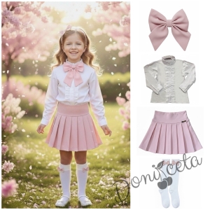 Комплект за момиче от 4 части-пола Тамара от трико в розово, риза с дълъг ръкав, къдрички и панделка и чорапи с панделка