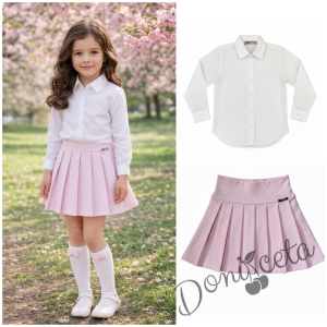 Комплект за момиче от 2 части- пола в розово Тамара от трико и риза с дълъг ръкав в бяло