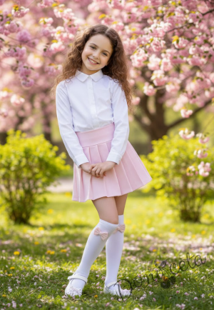 Комплект за момиче от 2 части- пола в розово Тамара от трико и риза с дълъг ръкав в бяло