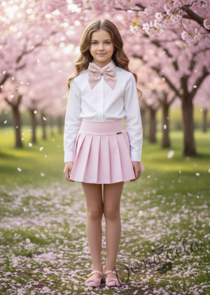 Комплект за момиче от 3 части-пола Тамара от трико в розово, риза с дълъг ръкав в бяло и розова панделка 