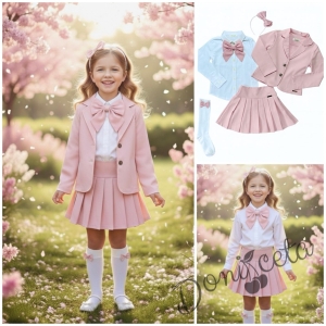 Детски комплект за момиче от 6 части- пола Тамара от трико и плисе в розово, сако, ризка с панделка, диадема и чорапки