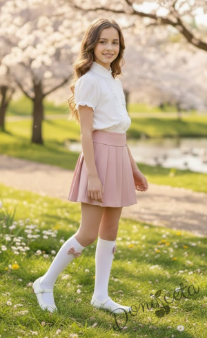 Комплект за момиче от 2 части - пола Тамара от трико в розово и риза с къс ръкав и къдрички в бяло