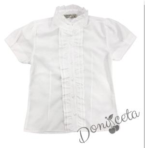 Комплект за момиче от 2 части - пола Тамара в тъмносиньо и риза с къс ръкав и къдрички в бяло 2