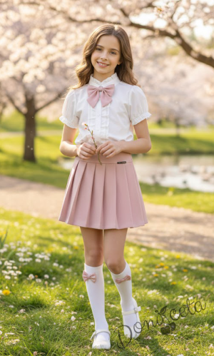 Комплект за момиче от 3 части-пола Тамара от плисе в розово, риза с къс ръкав в бяло с къдрички и панделка в  розово