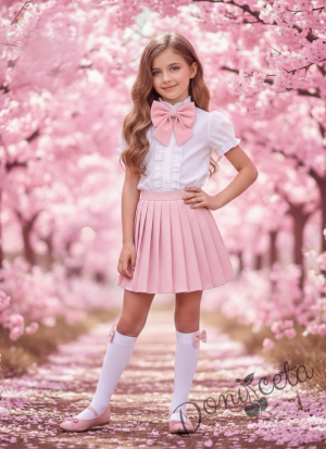 Комплект за момиче от 4 части-пола Тамара от трико и плисе в розово, риза с къс ръкав в бяло с къдрички, панделка в розово и чорапи с панделка