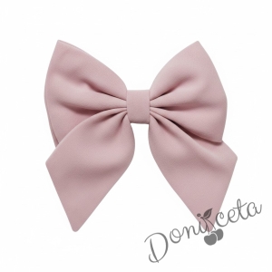 Комплект за момиче от 4 части-пола Тамара от трико и плисе в розово, риза с къс ръкав в бяло с къдрички, панделка в розово и чорапи с панделка