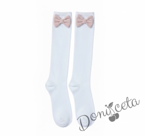 Комплект за момиче от 4 части-пола Тамара от трико и плисе в розово, риза с къс ръкав в бяло с къдрички, панделка в розово и чорапи с панделка