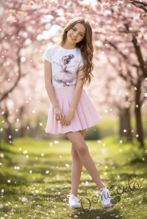 Комплект за момиче от 2 части-пола Тамара от трико и плисе в розово, блуза с къс ръкав в екрю 