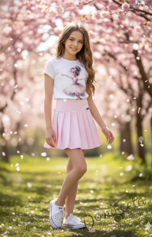 Комплект за момиче от 2 части-пола Тамара от трико и плисе в розово, блуза с къс ръкав в екрю 