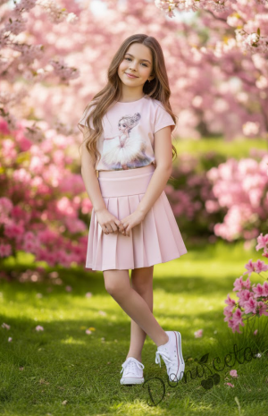 Комплект за момиче от 2 части-пола Тамара от трико и плисе в розово, блуза с къс ръкав в розово