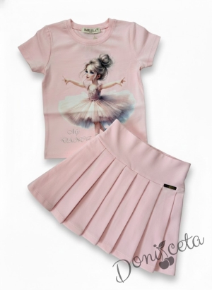 Комплект за момиче от 2 части-пола Тамара от трико и плисе в розово, блуза с къс ръкав в розово